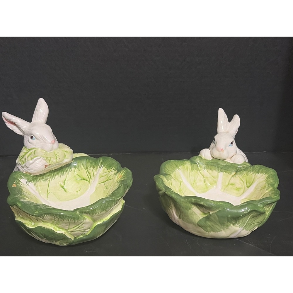 Department 56 Bunny Rabbit Cabbage Leaf Ceramic Bowls Set of 2 Candy Trinket Dip